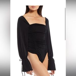 Meant To Be Square Neck Long Trumpet Ribbon Tie Sleeve Ruched Bodysuit